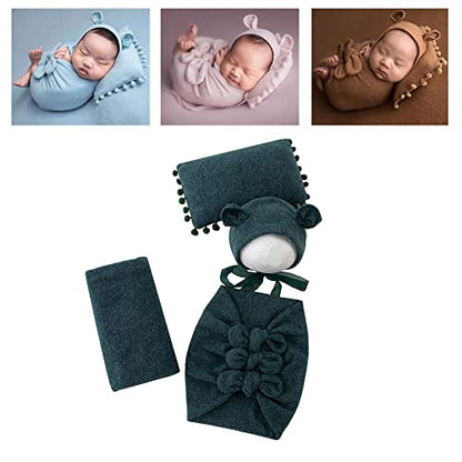 Newborn Baby Boy Girl Photography Props Bow Wrap, Posing Aid, Hat and Blanket Set of 4 Pcs - color: Middle Green