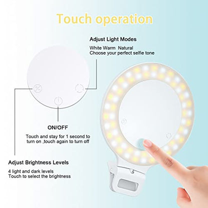 Selfie Ring Light, Clip on Ring Light Touch Control, Rechargeable 800mAh 60 LED Circle Light with 3 Light Modes for iPhone/Android Smart Phone Laptop Photography, Camera Video Recording, Vlog, TikTok