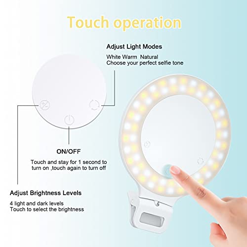 Selfie Ring Light, Clip on Ring Light Touch Control, Rechargeable 800mAh 60 LED Circle Light with 3 Light Modes for iPhone/Android Smart Phone Laptop Photography, Camera Video Recording, Vlog, TikTok