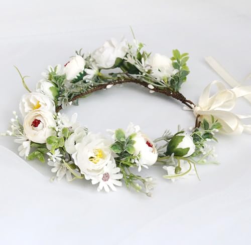 Bridal Flower Crown Flower Headband Floral Halo Floral Crown Wedding Party Cosplay Halloween Costume Photos - color: ivory white