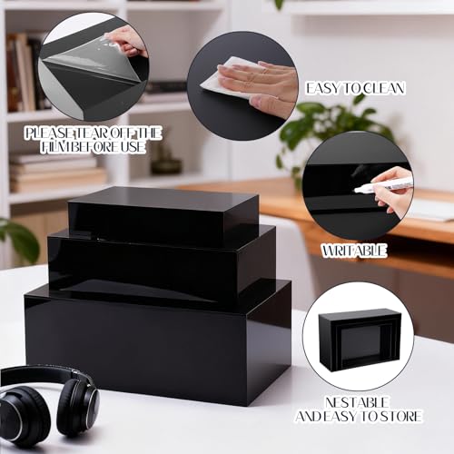 3 Pack Extra Large Acrylic Buffet Risers - 14”, 12”, 10” Black Display Stands with Hollow Bottoms, Cube Riser Boxes Nesting for Dessert Food Catering Buffet Display Party Supplies - color: Black, size: 14”,12”,10”