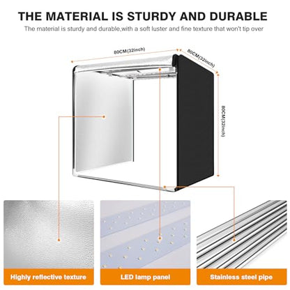 Photo Studio Light Box Photography 32"x32" with 100 LED and 4 Colors Backdrops Photo Box with Lights, Foldable Picture Box for Product Photography with 6500K Brightness - size: 32 Inches With 6500k