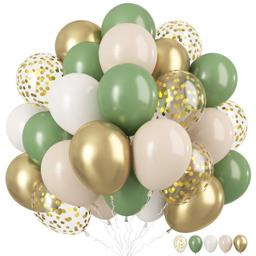 Sage Green Gold Balloons, 12 Inch Green White Metallic Gold Balloons, Olive Sand White Balloon Golded Confetti Latex Balloon for Birthday Wedding Baby Shower Party Decoration - color: Sage Green White