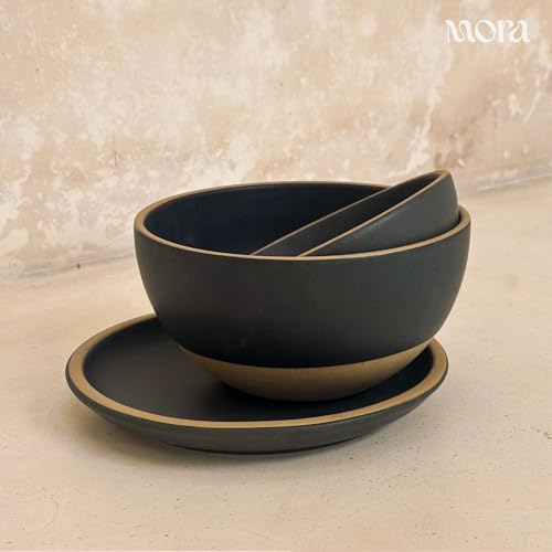 MORA Medium Plates Set of 4, 8.5 inch Ceramic Pottery Salad Plates - Microwave, Oven and Dishwasher Safe - Liquorice - color: Liquorice