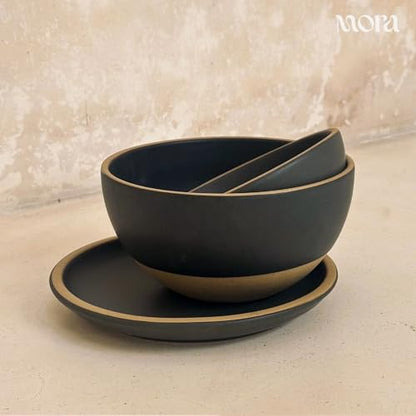 MORA Medium Plates Set of 4, 8.5 inch Ceramic Pottery Salad Plates - Microwave, Oven and Dishwasher Safe - Liquorice - color: Liquorice