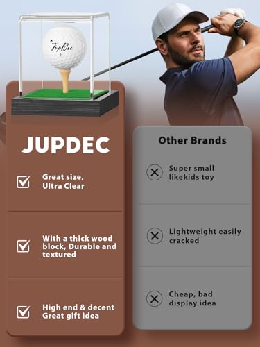 JupDec Golf Ball Display Case Clear Acrylic Memorabilia Stand Cube Holder with Wood Base & Tee, Dust Protection Transparent Storage Box for Single Ball Souvenir Golfball Collections, Black, 1 Pack