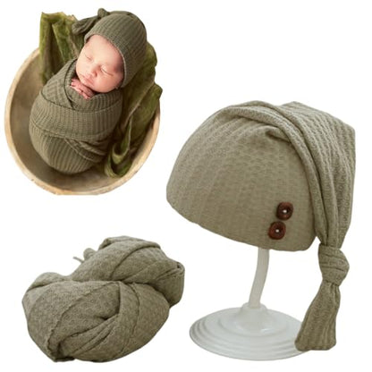 Newborn Photography Props Swaddle Wraps with Hats for Baby Boys Girls Photo Props Shoot Newborn Waffle Texture Knit Blanket (Khaki) - color: Khaki