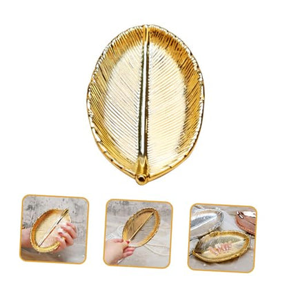 Ceramic Jewelry Organizer Tray Gold Leaf Design Nail Art Display Plate Jewelry Storage Holder Decorative Desktop Photo Prop for Vanity and Dressing Table