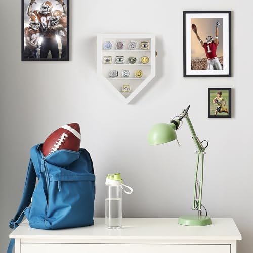 TJ.MOREE Championship Ring Display Case, 12 Ring Posts Baseball Ring Display Case, Wall Mount Wooden Glass Shadow Box with Locks to Show Sport, Class, Fraternity, and Award Rings - White - color: 12 Posts-white-pentagon