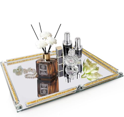 Large Gold and Glass Tray, 15.7" x 11.8" Crushed Diamond Mirror Perfume Makeup Display Tray, Noble Jewelry Trinket Cosmetics Crystal Makeup Organizer for Home Decor,Banquet Party (Golden) - color: Golden a