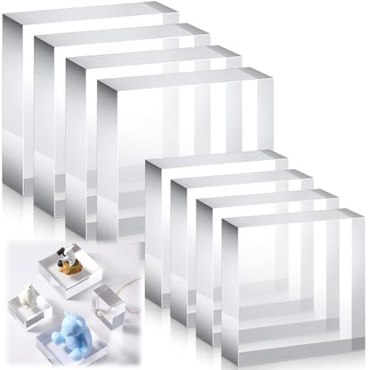 Vicenpal 8 Pcs Acrylic Square Display Block Clear Polished Cube Jewelry Stand Solid Acrylic Pedestal Stand Crystal Ring Showcase Holder Display Base for Riser(3 x 3 x 1 Inch, 2 x 2 x 1 Inch) - size: 3 x 3 x 1 Inch, 2 x 2 x 1 Inch