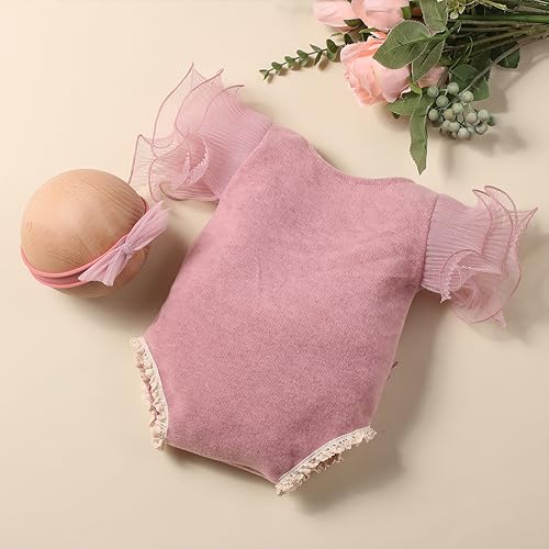 Ylsteed Newborn Photography Outfits Girl Lace Romper with Headband Photo Shoot Outfits Girls Photo Props-Ruffles Cameo - color: Cameo