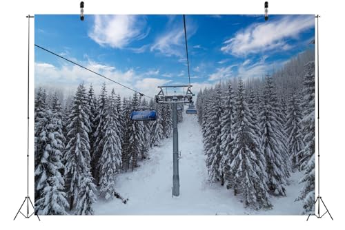 BELECO 5x3ft Fabric Winter Ski Resort Backdrop Snowy Mountain Cableway Station Fir Trees Background Winter Theme Kids Birthday Party Decor Photo Studio Props - size: 5x3FT