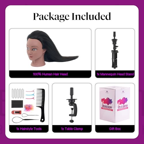 18" Mannequin Head Human Hair with Stand - 100% Real Human Hair Mannequin Head for Braiding, Cosmetology Manikin Doll Head for Hair Styling with Tripod Stand Table Clamp Hair Braiding Set,Black - color: Black&Tripod