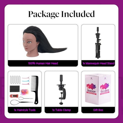 18" Mannequin Head Human Hair with Stand - 100% Real Human Hair Mannequin Head for Braiding, Cosmetology Manikin Doll Head for Hair Styling with Tripod Stand Table Clamp Hair Braiding Set,Black - color: Black&Tripod