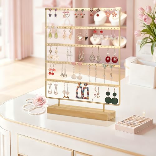 5 Tier 120 Hole Earring Holder Organizer, Rust Proof Metal and Wooden Base Jewelry Organizers and Storage for 60 Pairs of Earrings, Suitable for Home Storage and Sales Display - color: Gold