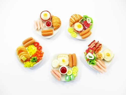 Dollhouse Miniature Food 5 Ceramic Plates Breakfast Sausage Ham Egg Supply 13744