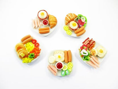 Dollhouse Miniature Food 5 Ceramic Plates Breakfast Sausage Ham Egg Supply 13744