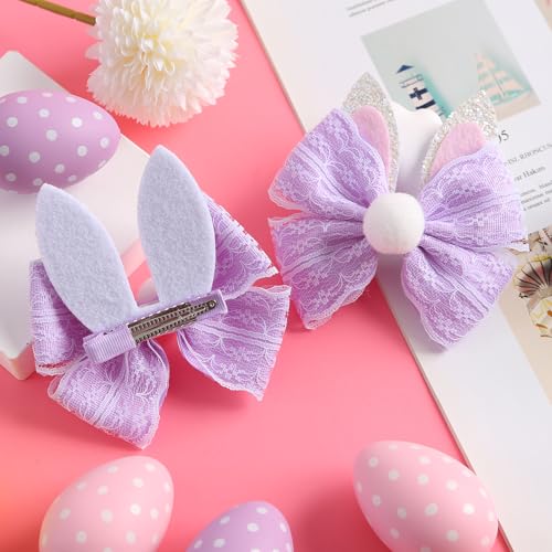 2PC Easter Bunny Ears Hair Bow Clips Rabbit Hair Accessories Spring Party Supplies Purple - color: Purple