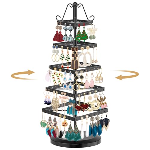 MODOWEY 5 Tiers Metal Rotating Earring Holder Organizer Tree Spinning Display Stand Rack for Women, 220 Holes Adjustable Large Storage for Stud Dangle Hoop, Find Your Earrings at a Glance, Black - color: Black Tower, size: 5 Tier, 220 Holes
