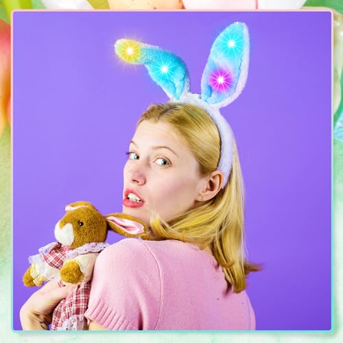 Zeyune 100 Pcs Light up Bunny Ears Headband, LED Ear Rabbit Hairband, Plush Luminous Headdress Party Hair Accessories for Women Men