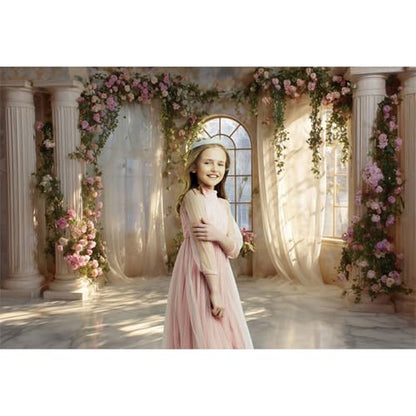 Fantasy Castle Backdrops for Wedding 5x3ft Princess Boudoir House Backdrop Windowsills Roman Column Photography Background Bridal Shower Baby Shower Birthday Banner Backdrop - color: pink and white-2, size: 5x3ft