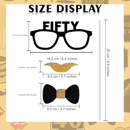 50th Birthday Photo Booth Props - 41 Pcs Black and Gold Funny Birthday Party Decorations for Men & Women, Fifty and Fabulous Anniversary Party Supplies,50th Printed Gold Glitter Selfie Props Kit