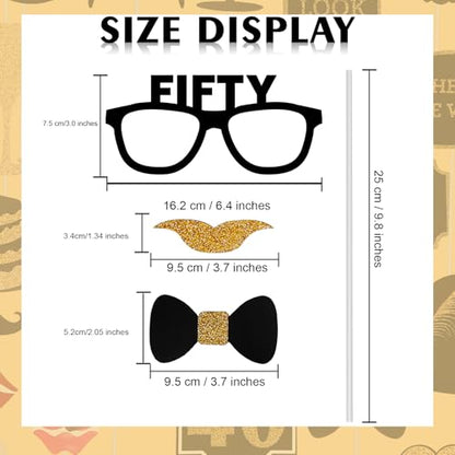 50th Birthday Photo Booth Props - 41 Pcs Black and Gold Funny Birthday Party Decorations for Men & Women, Fifty and Fabulous Anniversary Party Supplies,50th Printed Gold Glitter Selfie Props Kit