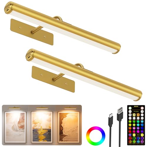 EZVALO 13in Picture Light for Wall, 4000mAh Rechargeable Art Light with Remote, RGB & 3 Color Temps, Battery Operated Wall Light for Paint, Photo - 2 Pack - color: RGB Gold, size: 13inch