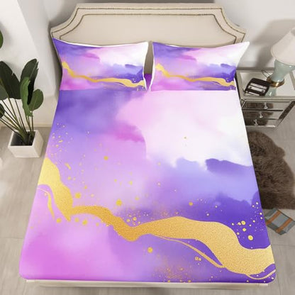Purple Golden Marble Texture Bed Sheets Set Purple Golden Gradient Fitted Sheet Smoke Marble Art Bedding Set for Boys Girls Golden Streaks Bed Cover Full Size 3Pcs Bed Set - color: Multi 22, size: Full
