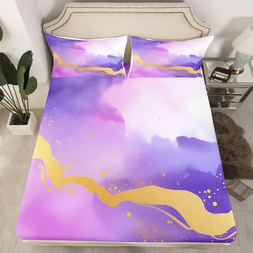 Purple Golden Marble Texture Bed Sheets Set Purple Golden Gradient Fitted Sheet Smoke Marble Art Bedding Set for Boys Girls Golden Streaks Bed Cover Full Size 3Pcs Bed Set - color: Multi 22, size: Full