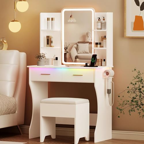 Vanity Desk with LED Lights Mirror & Power Outlet, Small Makeup Vanity Table Set with Storage Drawers & Chair, 3 Lighting Modes & Adjustable Brightness, Dressing Table for Women Girls Bedroom, White - color: White, size: 2 Drawers
