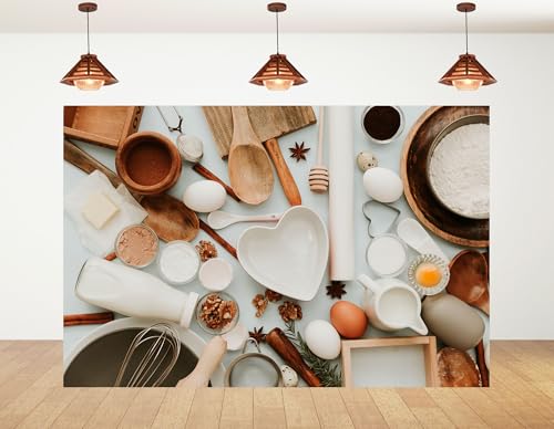 8x5ft Baking Ingredients with Eggs Flour and Spices Backdrop Gourmet Rustic Homemade Photography Background for Food Photography and Baking Events Decorations Banner Photo Booth Props - size: 8x5ft