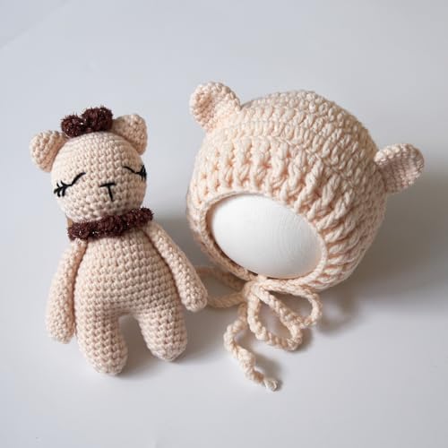 Zeroest Newborn Photography Outfits Boy Girl Bear Props Baby Photoshoot Crochet Bonnet Stuffed Animals for Newborn Photo - color: Beige