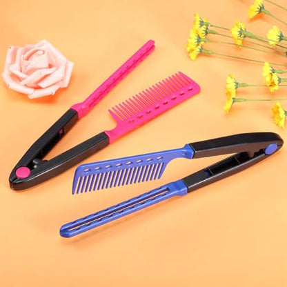2 Pieces Flat Straightening Comb Salon Hair Brush Comb Hairdressing Styling Straightener V-shaped Straight Straightener(Rose Red, Blue) - color: Rose Red, Blue