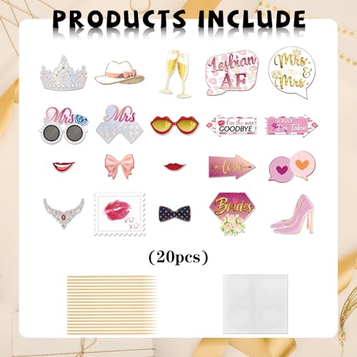 Mrs & Mrs Photo Booth Props, Girls Lesbian Wedding Photoshoot Brides to Be Bachelorette Party Photography Props Favor Centerpiece Sticks Decorations 20 PCS