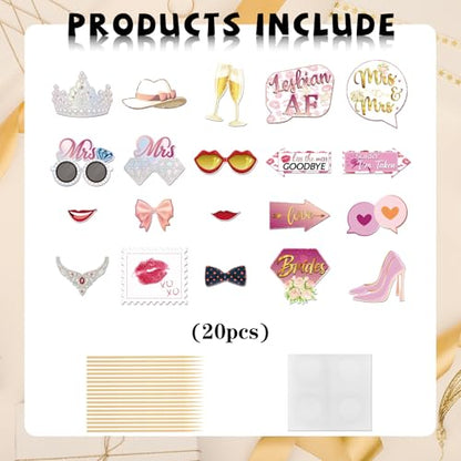 Mrs & Mrs Photo Booth Props, Girls Lesbian Wedding Photoshoot Brides to Be Bachelorette Party Photography Props Favor Centerpiece Sticks Decorations 20 PCS