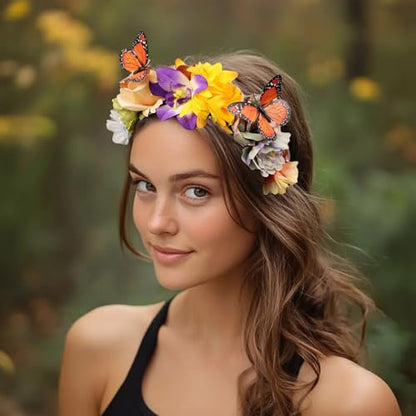 Elegant Butterfly Flower Headband for Women Boho Handmade Rose Floral Crown Wedding Bridal Festivals Cosplay Prom Photo Props Headpiece (C2 yellow, Adjustable) - color: C2 yellow