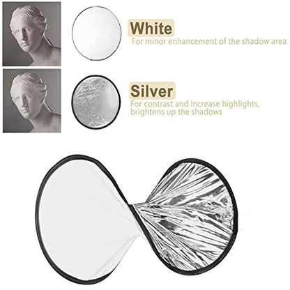 2 in 1 Lighting Reflectors Round Folding Portable 30cm/12inch Camera Photo Reflector Diffuser for Photography Reflector Portrait Still Life Fill Light - Silver & White