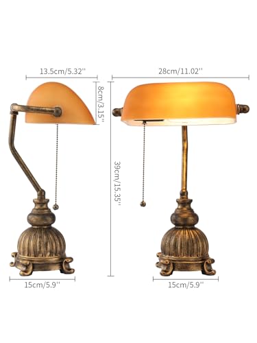 Retro Amber Glass Bankers Desk Lamp with Pull Chain Switch for Home Office, Library, Plug in Fixture, LED Bulb Included - color: Antique+Amber1