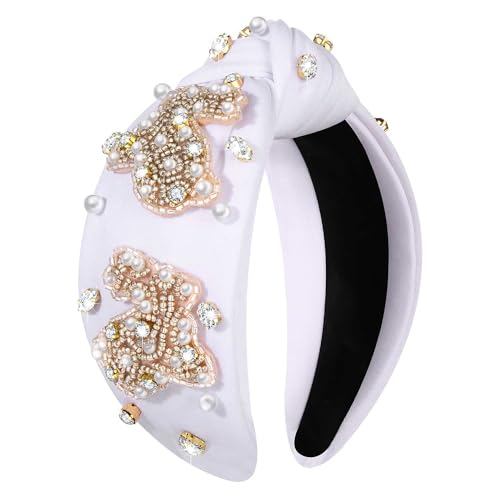NVENF Easter Rabbit Headband - White Pink Crystal Pearl Knotted Hair Accessory for Women, Spring Holiday Outfits Gifts (Rabbit A - White) - color: Rabbit A - White