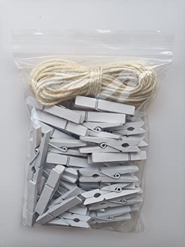 1.9 Inch White Small Clothes Pins Paper Picture School Work Holders Baby Shower Clothing Line Clips with Twine Pack 50 - color: 50pcs (2 Inch) White + Jute Twine