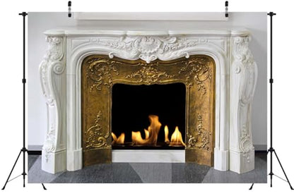 10x8ft White Marble Fireplace Backdrop Interior European Style Stone Fireplace Photo Backdrop Winter Christmas Fireplace Photography Background Home Decor Photo Booth - size: 10x8FT