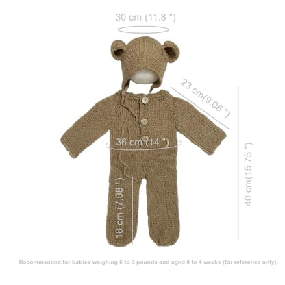 2Pcs Newborn Photography Props Boy Photo Posing Outfits Baby Photoshoots Girl Crochet Bear Hat Romper - color: Khaki
