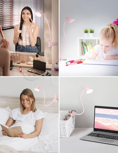 LiFMIRA Pink Small Desk Lamp Clip on LED Reading Light for Bed, 3 Color Modes 10 Dimmable Brightness, Book in Bed Headboard, Flexible Neck Clamp BL08 - color: Pink