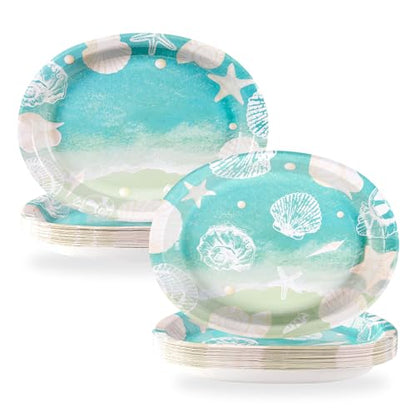 50 Pcs Seashell Beach Oval Paper Plates 10" X 12" Large Shell Plates Disposable Heavy Duty Ocean Sea Starfish Tableware for Summer Nautical Coastal Birthday Party Supplies Baby Shower Wedding Decor - style: 50Pcs Beach Seashell Oval Plates