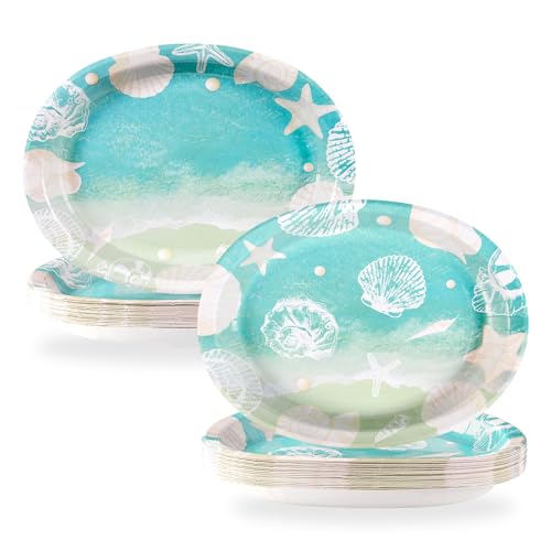 50 Pcs Seashell Beach Oval Paper Plates 10" X 12" Large Shell Plates Disposable Heavy Duty Ocean Sea Starfish Tableware for Summer Nautical Coastal Birthday Party Supplies Baby Shower Wedding Decor - style: 50Pcs Beach Seashell Oval Plates