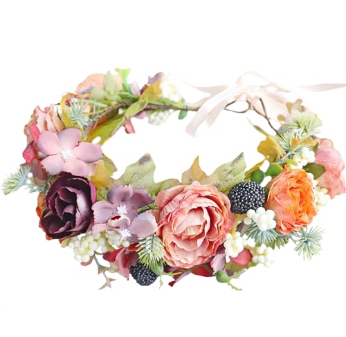 Flower Crown Wedding Flower Headband Floral Headpiece Halo Floral Crown Bridal Party Cosplay Halloween Photos - color: orange