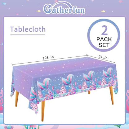 Gatherfun Mermaid Party Supplies Set: 2-Pack Rectangular Plastic Tablecloths, 54 x 108 Inches, Purple (Gradient) Mermaid Pattern, Kids & Girls 1st Birthday Decorations - style: mermaid