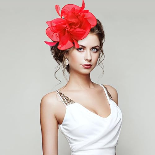Fascinators Hats with Gloves Set for Women 20s 50s Cocktail Tea Party Wedding Costume Headwear - color: 03-red